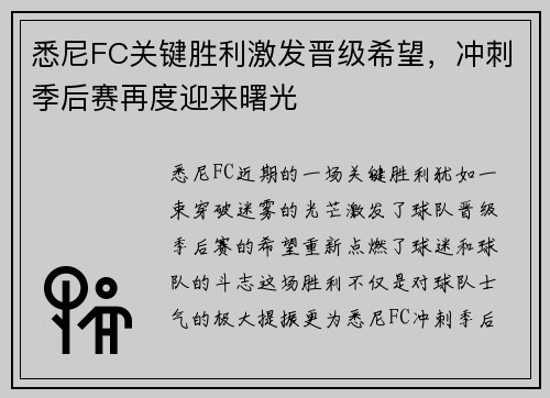 悉尼FC关键胜利激发晋级希望，冲刺季后赛再度迎来曙光