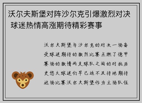 沃尔夫斯堡对阵沙尔克引爆激烈对决 球迷热情高涨期待精彩赛事