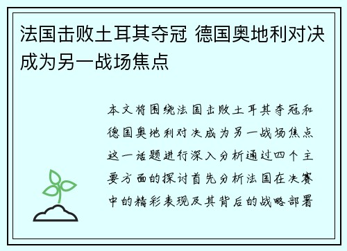 法国击败土耳其夺冠 德国奥地利对决成为另一战场焦点