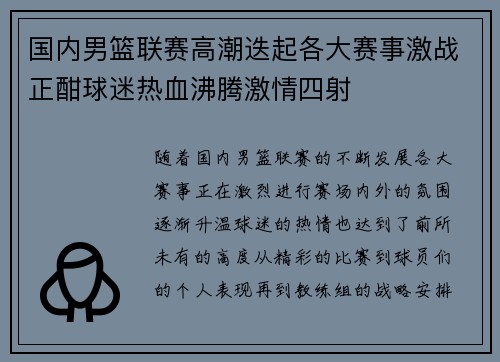 国内男篮联赛高潮迭起各大赛事激战正酣球迷热血沸腾激情四射