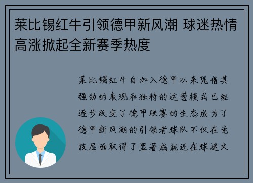 莱比锡红牛引领德甲新风潮 球迷热情高涨掀起全新赛季热度